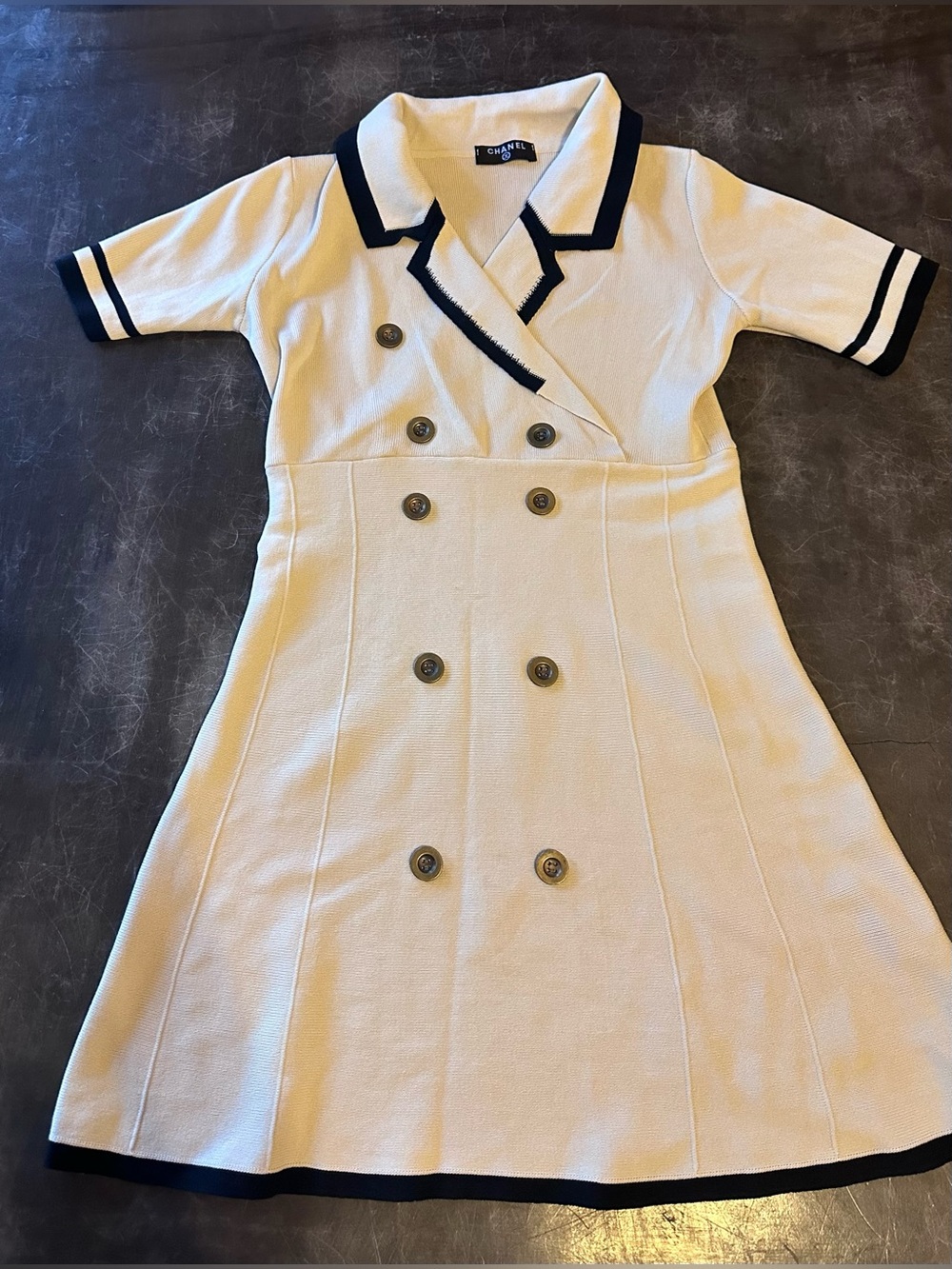 Cream Knit Double-Breasted Dress with Black Trim